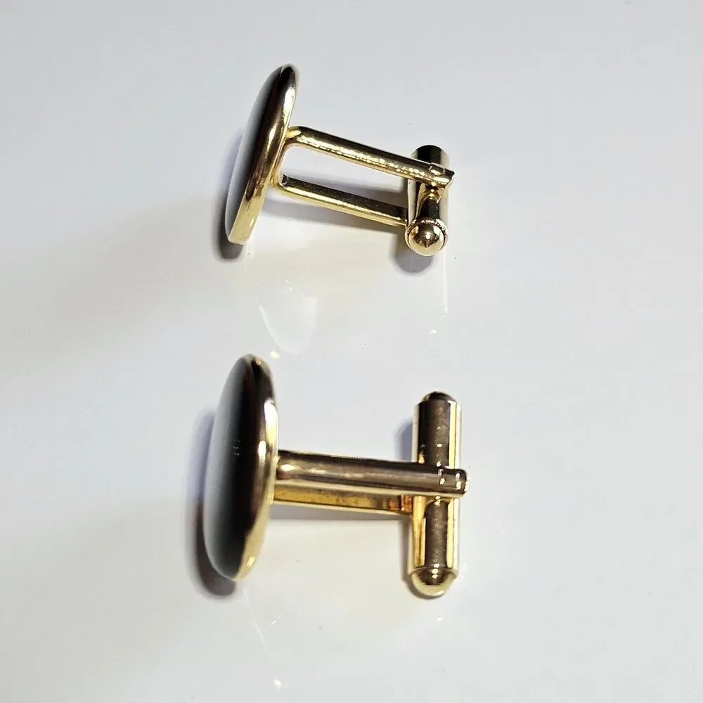 Black Enamel Gold Tone Cufflinks Mens Round Button Lightweight 3/4 Inch Vintage
